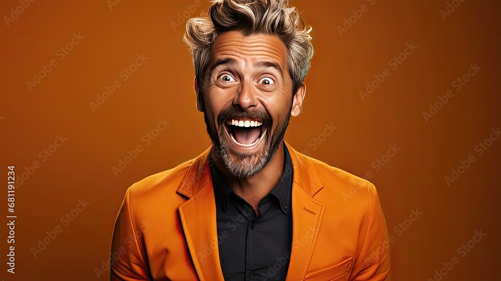 Fototapeta premium Confident Middle-Aged Man with a Positive Smile, Pointing to Success on an Empty Background. Conceptualizing Ideas and Achieving Success