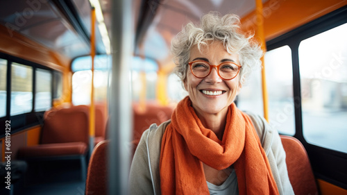 Stylish smiling senior woman with trendy glasses seated comfortably on a city bus, emanating positivity and contentment, graceful aged lady showcasing active and independent lifestyle in city