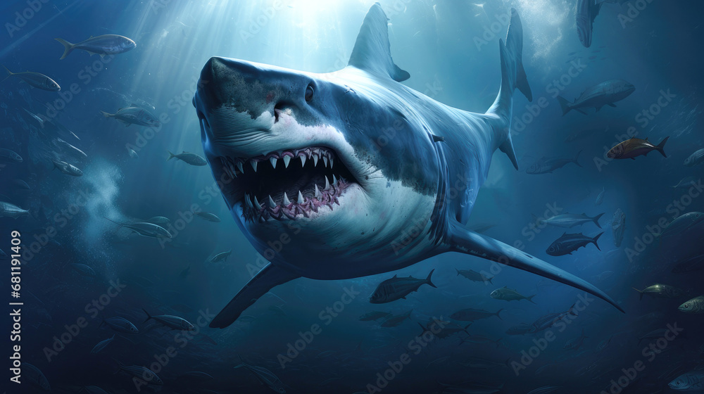 Naklejka premium Huge shark hunting in the ocean close-up