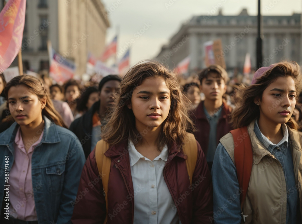 Group of young people in a march for the woman rights and gender equality Group of young people in a march for the woman rights and gender equality