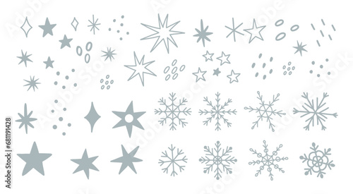 Set of snowflakes and stars in doodle style. Winter elements in hand drawn style