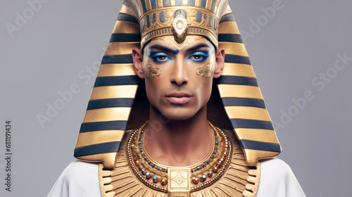 Young man in the image of an ancient Egyptian god on a light background