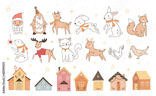 Merry Christmas set, New Year's set, with cute elements for design. Christmas house and cute animals. For cards, banners, website, icons, fabrics