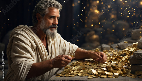 An old man in ancient times counts gold coins. photo