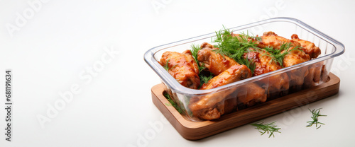 Marinated chicken wings on a wooden tray, suitable for culinary advertising banners.