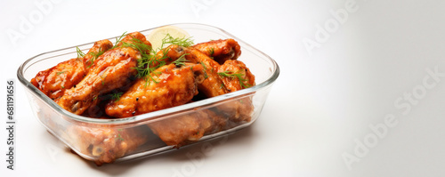 Tasty chicken wings in a container, ready for use in fast-food promotional banners.