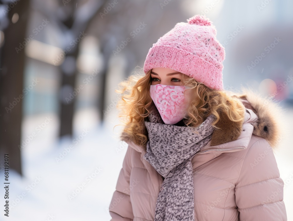 Smiling Woman in Winter Attire with Pink Accents Enjoying Cold Day Outdoors Smiling Woman in Winter Attire with Pink Accents Enjoying Cold Day Outdoors