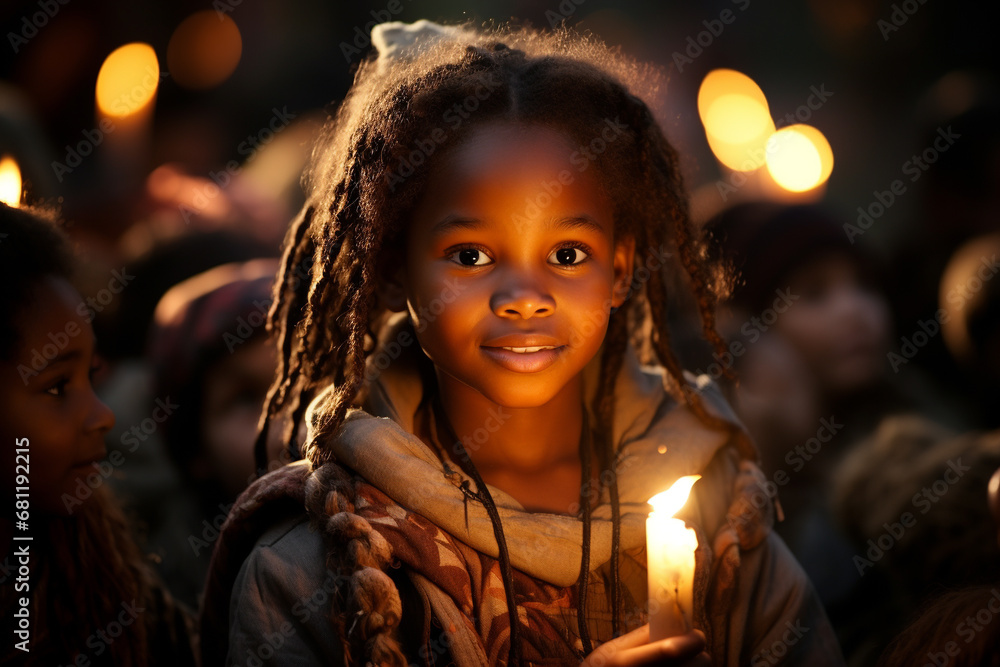 portrait of an African nomad girl holding a candle - obrazy, fototapety, plakaty 
