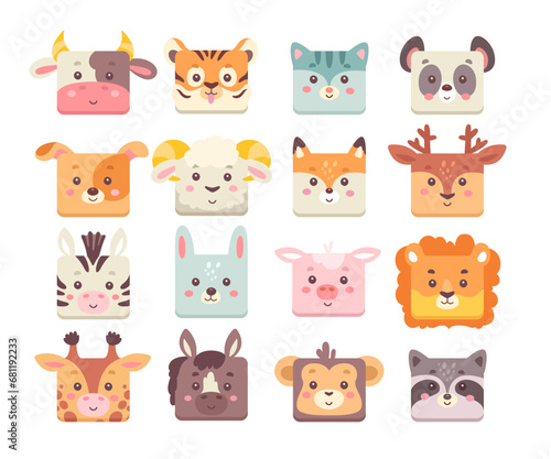Cute kawaii animal square faces, funny cartoon muzzles vector illustration set isolated on white