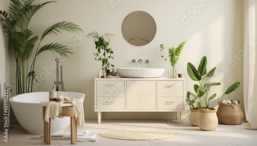A Luxurious Bathroom with a Relaxing Tub, Stylish Sink, and Elegant Mirror