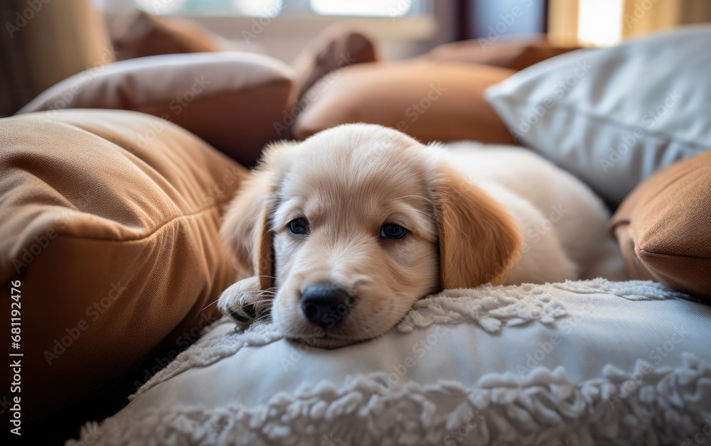 A puppy laying on a pillow on a couch. Generative AI. A puppy laying on a pillow on a couch. Generative AI.