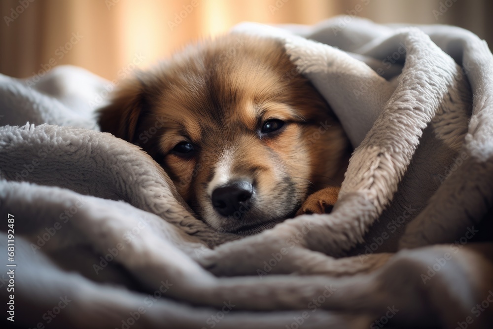 Obraz premium A brown and white dog laying under a blanket. Generative AI.