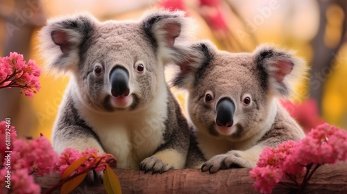 A couple of koalas sitting on top of a tree branch. Generative AI.