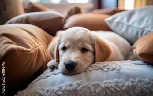 A puppy laying on a pillow on a couch. Generative AI.