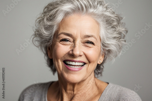 Portrait of woman, A closeup photo portrait of a beautiful elderly senior model woman, Woman with grey hair, Woman laughing and smiling with clean teeth, Isolated on white background