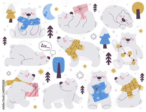 Cute little polar bear wearing warm winter scarf holding gift wrapped in garland vector illustration