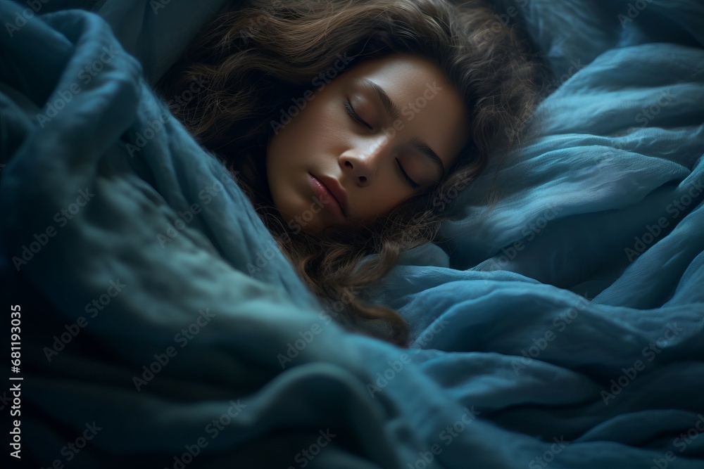 Woman Sleeping Peacefully in a Cozy Blue Blanket Woman Sleeping Peacefully in a Cozy Blue Blanket