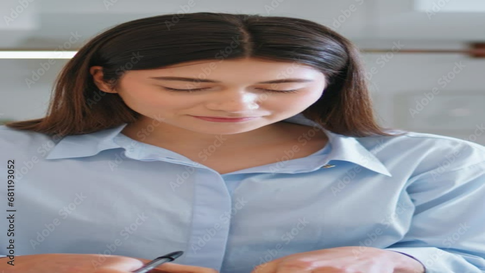 Office assistant talking mobile phone. Closeup manager looking camera vertical Office assistant talking mobile phone. Closeup manager looking camera vertical