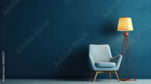  Beautiful armchair and floor lamp near color wall. photo