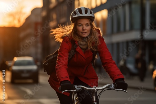 A Woman Riding a Bike Down a Street