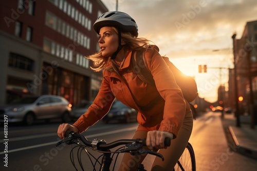 Urban Adventure: A Woman Cycling Through the Vibrant City Streets photo