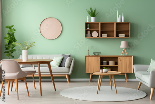 Mint color chairs at round wooden dining table in room with sofa and cabinet near green wall. Scandinavian, mid-century home interior design of modern living room - AI Generative © Varun