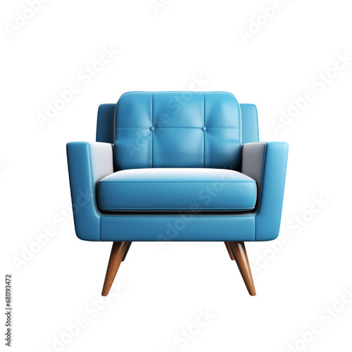 Cosy blue armchair with button details and wooden legs, ideal for relaxing.