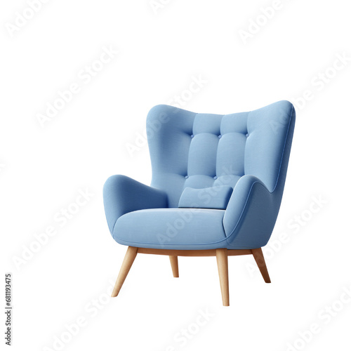 Cosy blue armchair with button details and wooden legs, ideal for relaxing. © Jan