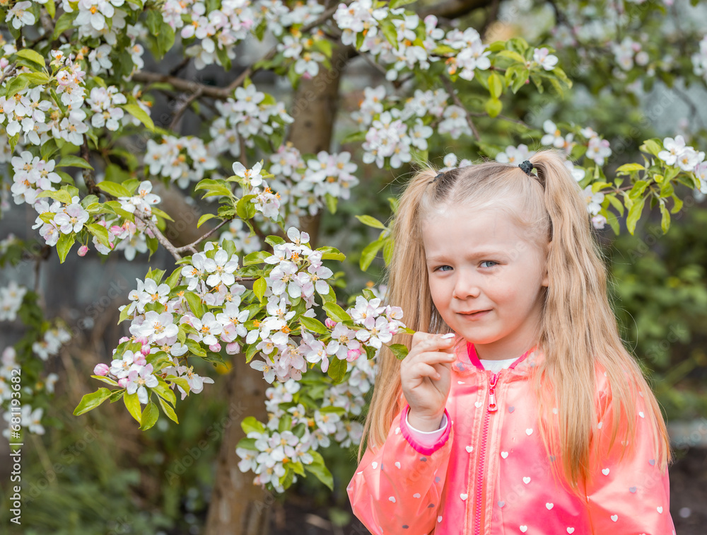 Portrait of cute blonde little old girl smelling the apple tree blossom. Spring gardening concept. Spring childhood themed photo. Child and nature. Portrait of cute blonde little old girl smelling the apple tree blossom. Spring gardening concept. Spring childhood themed photo. Child and nature.