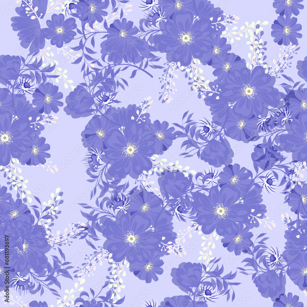 Full seamless floral pattern with daisies on a purple background. Vector for textile fabric print. Great for dress fabrics, wrapping, textures, backgrounds.