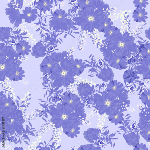 Full seamless floral pattern with daisies on a purple background. Vector for textile fabric print. Great for dress fabrics  wrapping  textures  backgrounds.