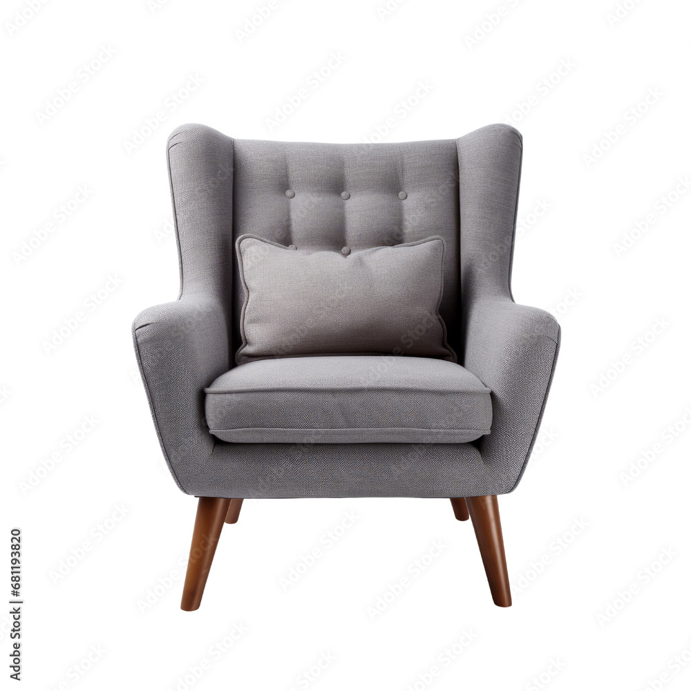 Stylish grey tufted armchair with elegant diamond patterns and wooden legs. Stylish grey tufted armchair with elegant diamond patterns and wooden legs.