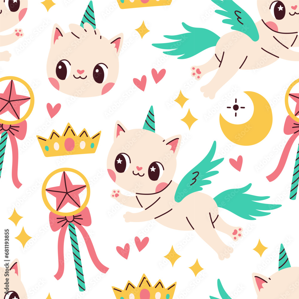 Cute caticorn seamless pattern on white background. Vector for birthday, invitation, baby shower card, kids tshirts. 