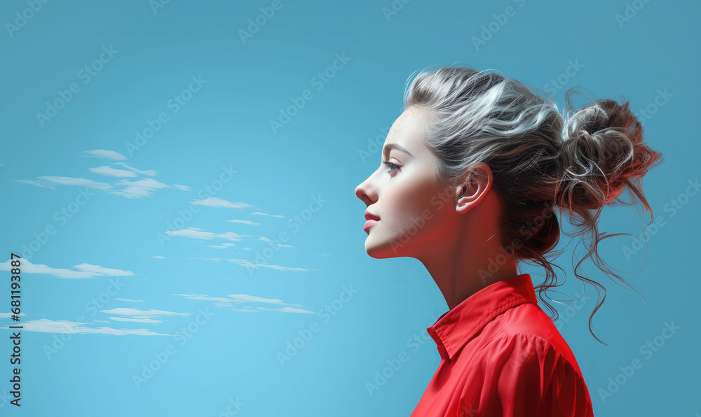 A profile portrait of a woman with hair tied back, looking out into the sky. AI generated. - obrazy, fototapety, plakaty 