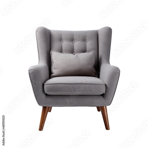 Stylish grey tufted armchair with elegant diamond patterns and wooden legs.