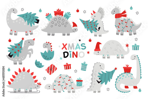 Cute Christmas dinosaurs character carrying fir tree and gift boxes, decorated with garlands