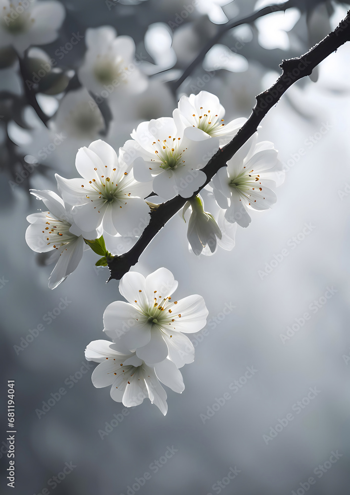 there are many white flowers on the branch of the tree in the fog, beautiful detail, with backlight, there is ugliness in beauty, gray background, high definition details, ultra photorealistic