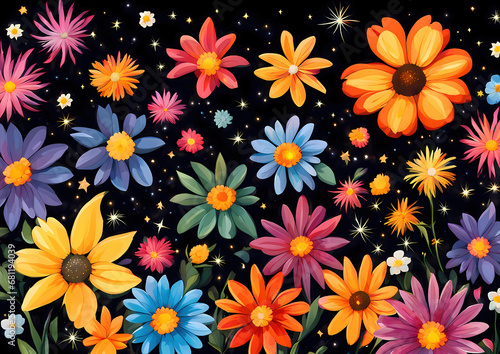 many colorful flowers on a black background  around the picture  in the center a view of the starry sky