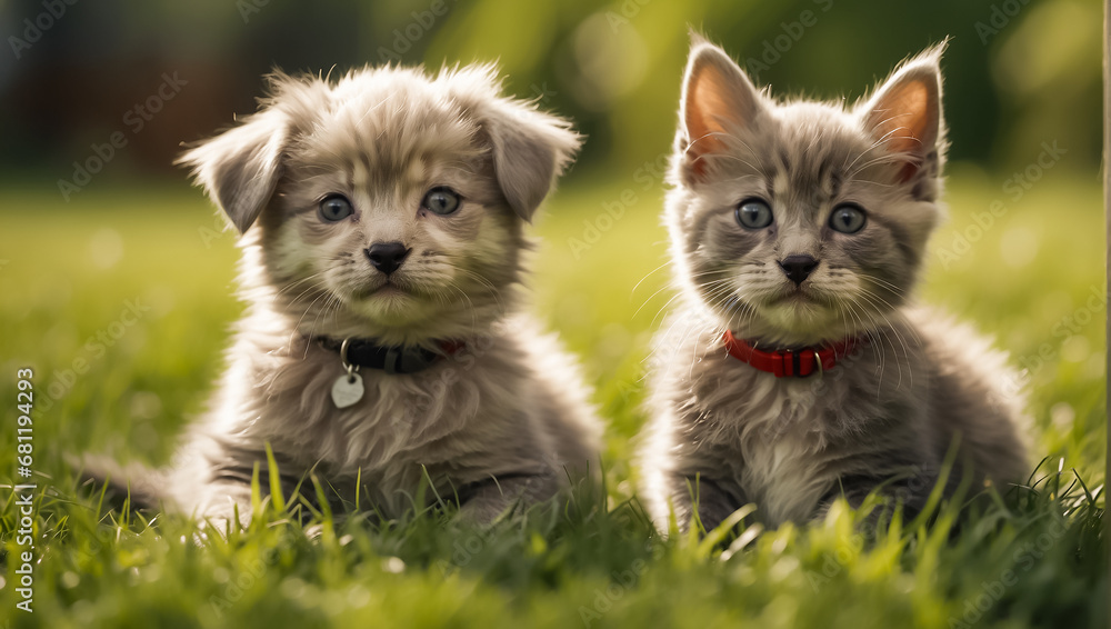 Cute cat and dog on a lawn with grass Cute cat and dog on a lawn with grass