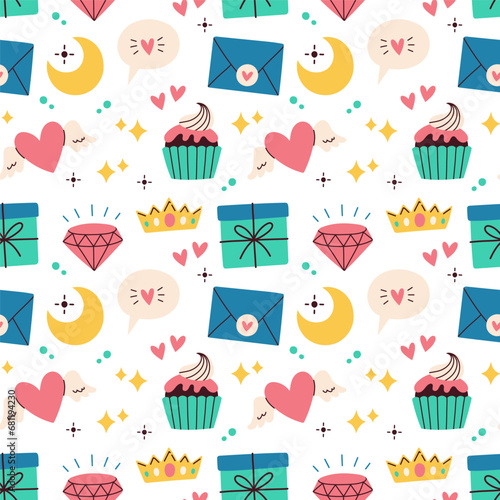 Cute elements seamless pattern on white background. Vector for birthday, invitation, baby shower card, kids tshirts. 