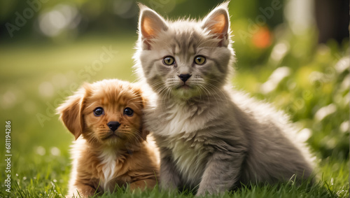 Cute cat and dog on a lawn with grass © tanya78