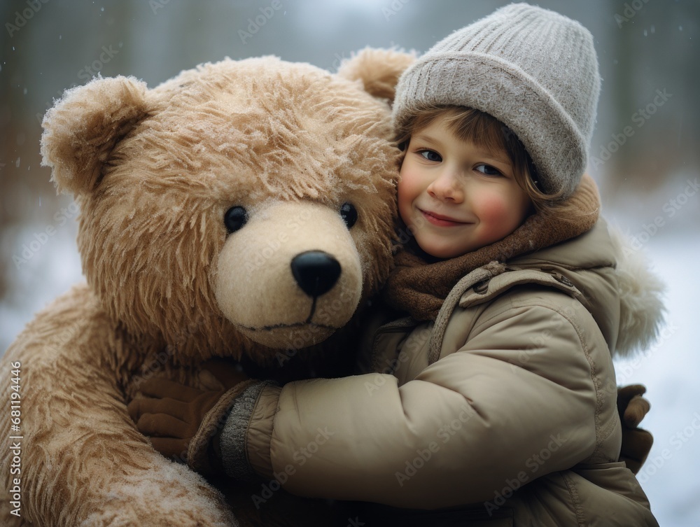 A little boy hugs a big teddy bear in the Winter Park. A little boy hugs a big teddy bear in the Winter Park.