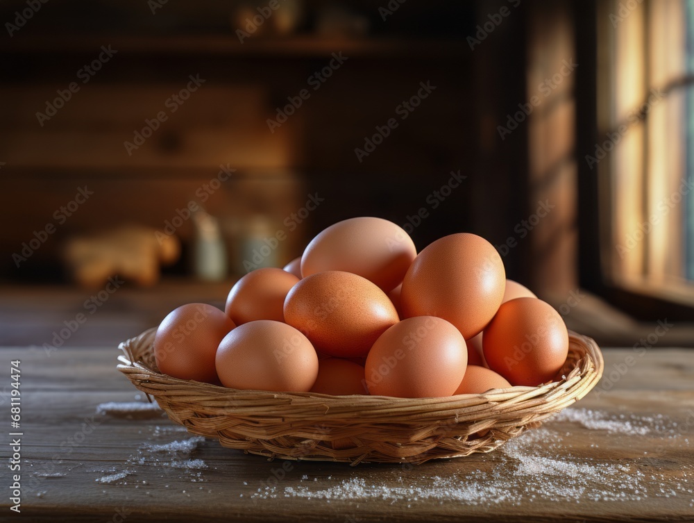 Eggs in a basket on a wooden table with blurred background Eggs in a basket on a wooden table with blurred background