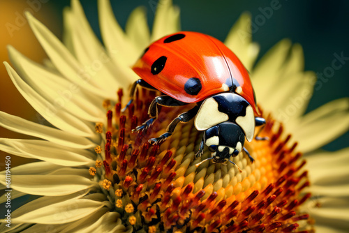 A ladybug crawling on the rim of a sunflower.
