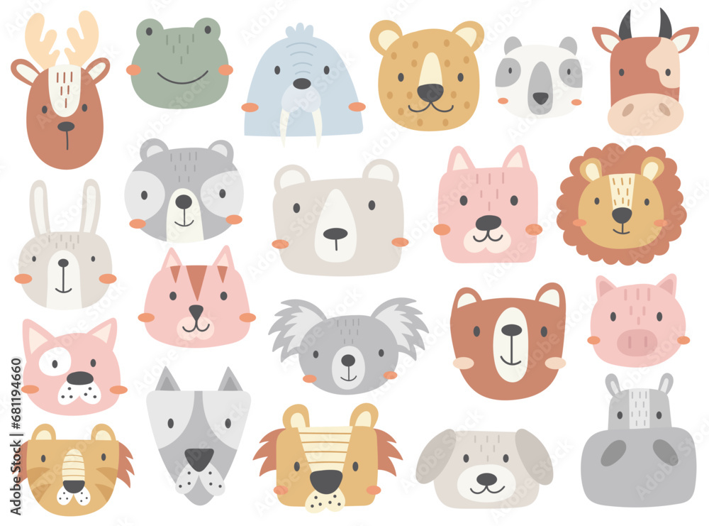 Cute pets, wild forest and zoo animals faces cartoon heads isolated set vector illustration