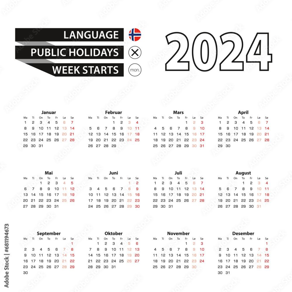 Calendar 2024 in Norwegian language, week starts on Monday.