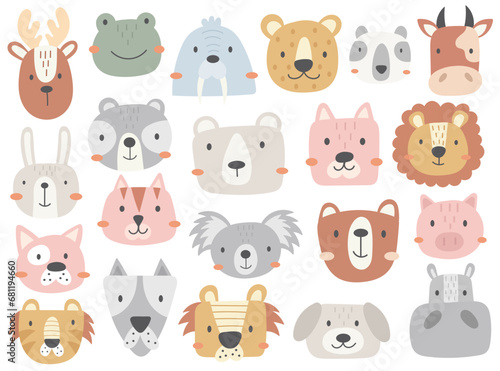 Fototapeta Naklejka Na Ścianę i Meble -  Cute pets, wild forest and zoo animals faces cartoon heads isolated set vector illustration