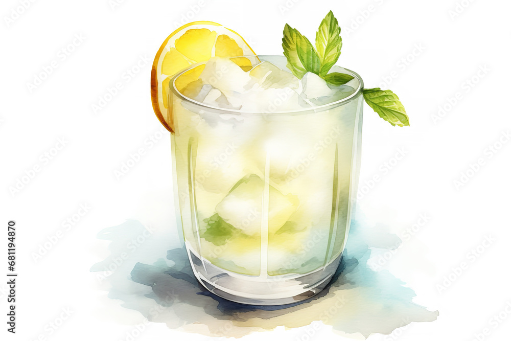 Fototapeta premium A watercolor realistic detailed illustration of a cocktail in light beige and light blue and yellow pastel hue, spring vibe, warm pastel tone, graphic art style, minimalist