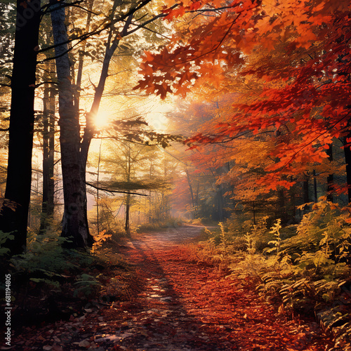 a forest under the enchanting cloak of autumn  the leaves having turned into myriad hues of red  orange  and yellow