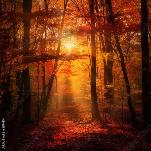 a forest under the enchanting cloak of autumn  the leaves having turned into myriad hues of red  orange  and yellow